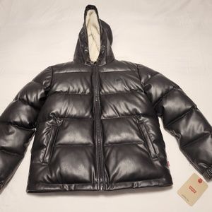 Black faux-leather puffer jacket